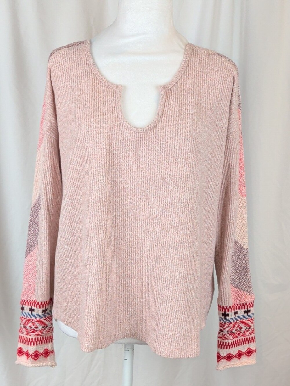 NWOT Black Tape Pink Waffle Knit Boho Chevron Sleeve Sweater XL